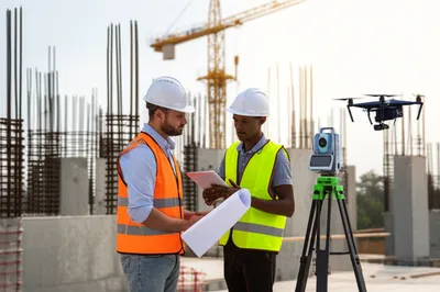 Digital project management tools overlaid on construction site